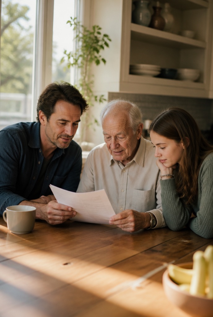Three generations of a family read a letter together at the kitchen table.