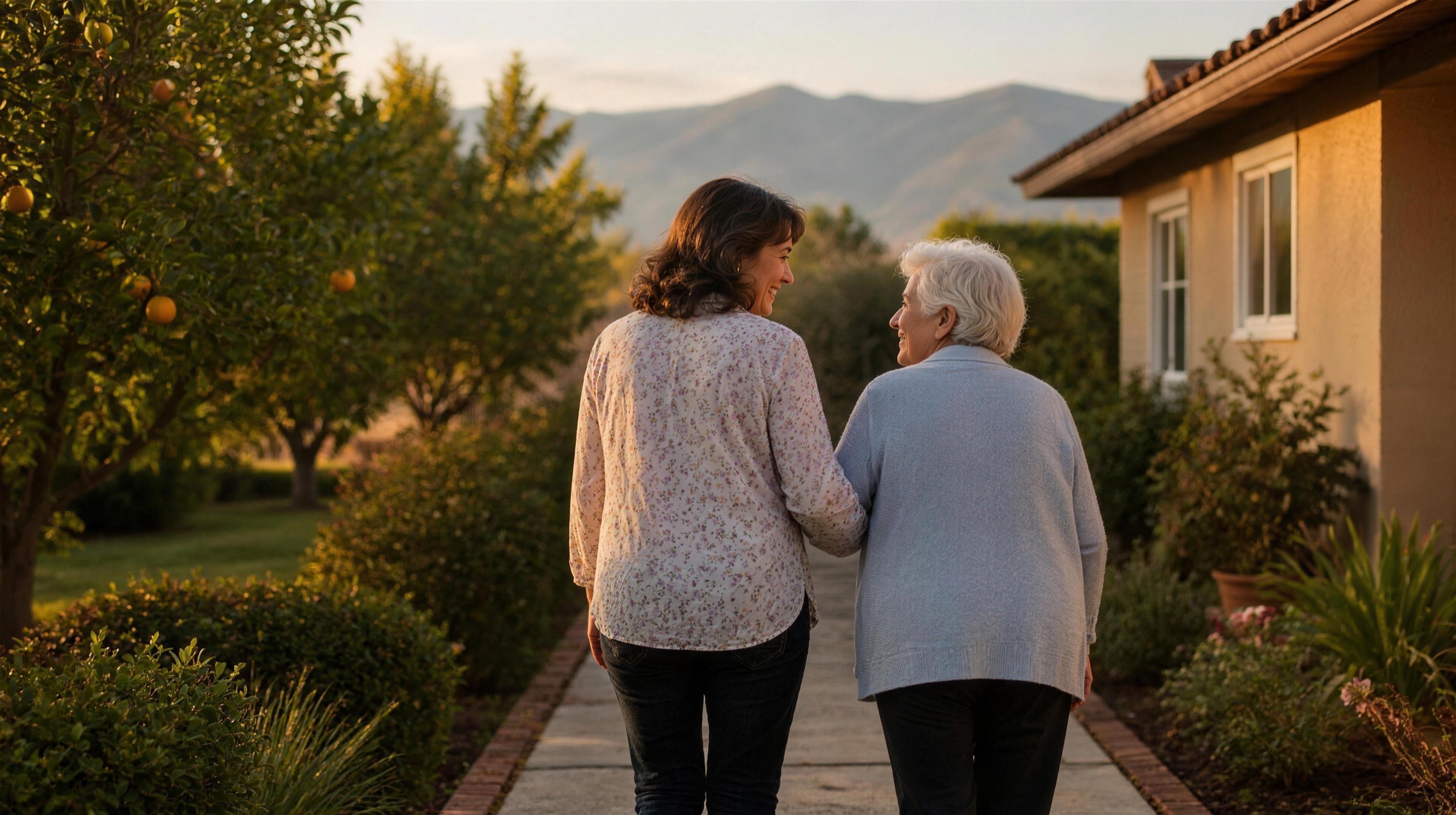 A daughter walks arm in arm with her elderly mother along a garden path in the evening light.
