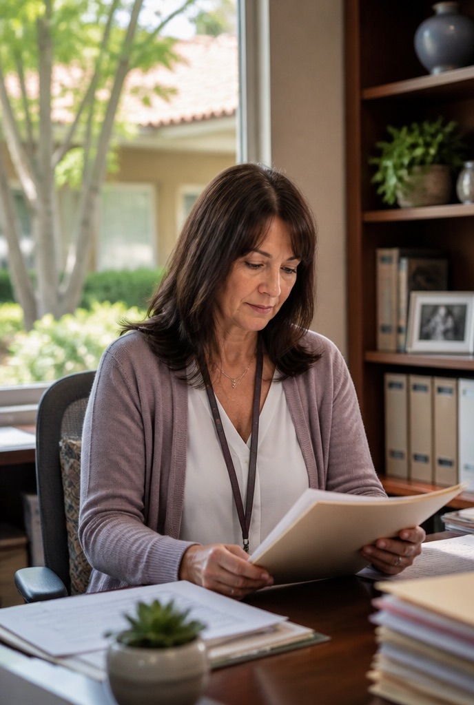 A facility administrator reviews a patient file at her desk.
